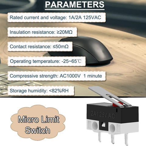 20 Piece Micro Limit Switch Set NO NC With Hinge Lever 3 Pin 125V 1A Momentary Button for DIY electronics, parameters shown.