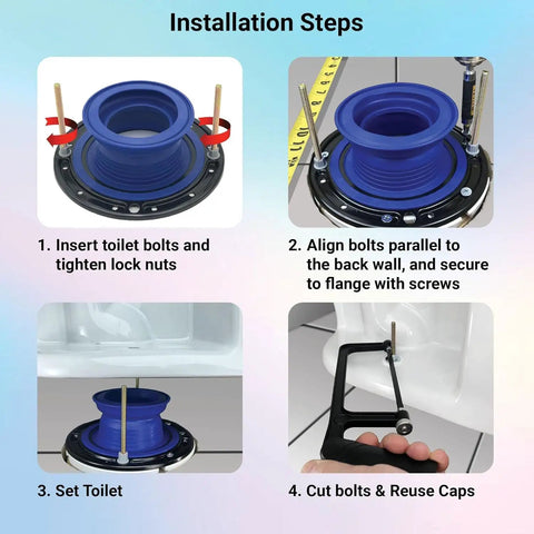 Adjustable Toilet Flange Repair Kit For Broken Or Low Bowls features installation steps with blue rubber seal and toilet bolts.