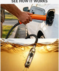 Plug And Play Portable Rechargeable Fuel Transfer Pump Three Gallons Per Minute For Gasoline And Diesel No Fuss Refueling For Tractors Lawn Mowers Utility Equipment Battery Siphon Pump in use to fill vehicle with fuel.