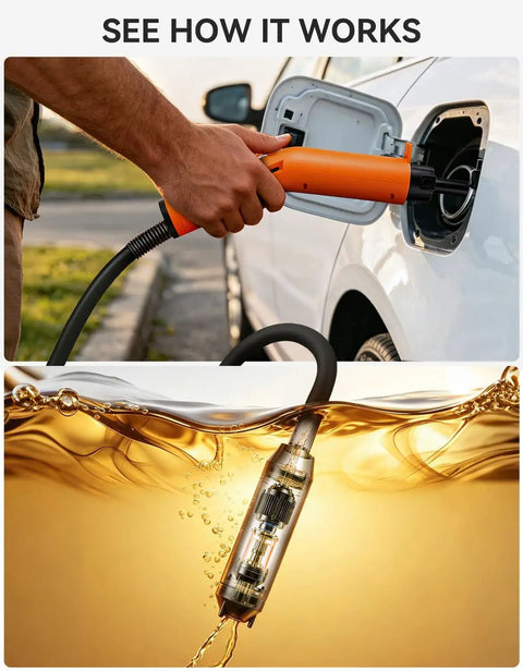 Plug And Play Portable Rechargeable Fuel Transfer Pump Three Gallons Per Minute For Gasoline And Diesel No Fuss Refueling For Tractors Lawn Mowers Utility Equipment Battery Siphon Pump in use to fill vehicle with fuel.