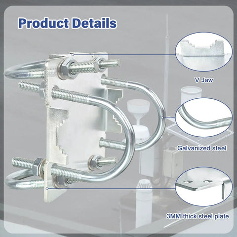 Close-up of Cross Over Antenna Mast Clamp Kit with U Bolts, showcasing galvanized steel and 3mm thick plate for 1 to 2 inch poles.