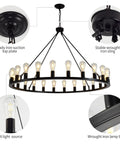 Close-up view of Rustic Wagon Wheel Swing Arm Chandelier 40 Inch 20 Light Farmhouse Ceiling Fixture with metal wheel frame details.