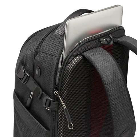 Close-up of Pro Light Backloader S Professional Camera Backpack with top zipper opening showing laptop compartment.