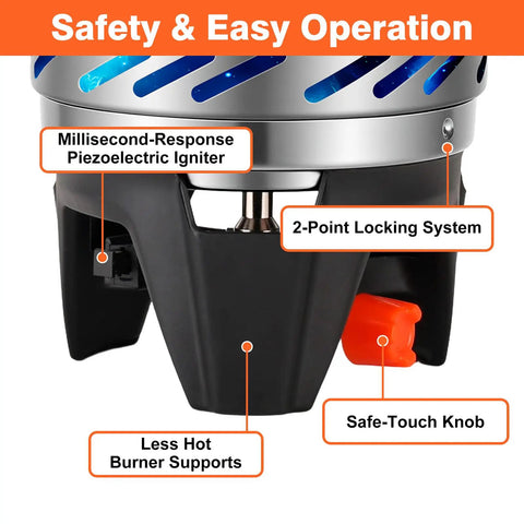 Go To Ultralight Backpacking Stove System with 1L Pot close-up showing safety features and piezoelectric igniter.