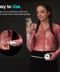 Woman using Bluetooth Body Tape Measure With App 60 Inch Retractable Locking Tape for Accurate Body Measurements in living room.