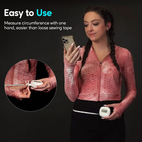 Woman using Bluetooth Body Tape Measure With App 60 Inch Retractable Locking Tape for Accurate Body Measurements in living room.