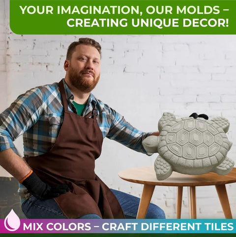Man showcasing Turtle Stepping Stone Mold For Garden Concrete Pavers Reusable DIY Tortoise Mold, 2mm ABS, on table
