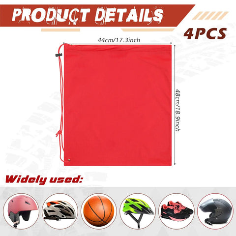 Red 4 Pack Welding Helmet Bags With Drawstring Locking, lightweight microfiber, shown flat with dimensions, for various gear.