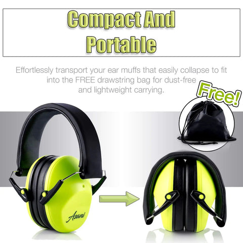 Kids Noise Canceling Ear Muffs With 25dB NRR ANSI Certified Hearing Protection For Children And Toddlers Over Ear Earmuffs With Form Fit Cushions Bonus Carry Bag, showing yellow green earmuffs compactly folded with a black carry bag.