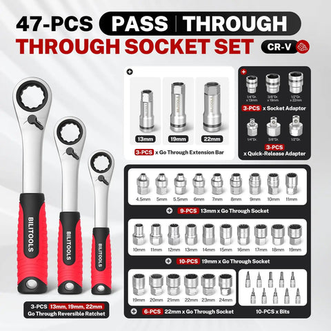 Straight Up Build Quality 47 Piece Pass Through Socket Set With 1/4 Inch 3/8 Inch And 1/2 Inch Drives, chrome vanadium tool kit.