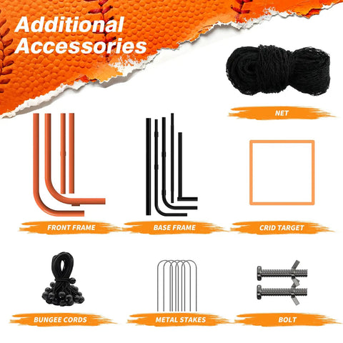 Additional accessories for Portable Baseball Rebounder Net, including frames, net, target, bungee cords, stakes, and bolts.