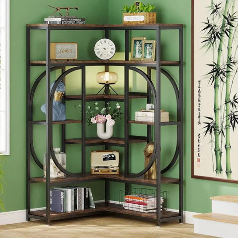 Sick Seven Tier Corner Shelving Unit For Living Room Or Office With Industrial Chic Vibe And Heavy Duty Metal Frame Engineered Wood Bookshelf For Game Changing Storage And Clean Room Setup