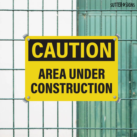 4 Pack Under Construction Signs 10x7 Inches Waterproof PVC Plastic For Worksite Safety Durable High Visibility Caution Hazard Area No Trespassing Yellow Black Signs mounted on fence