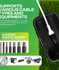 Outdoor Waterproof Electrical Box For Small Cords And Power Strips With Six Cable Entries shown open on grass.