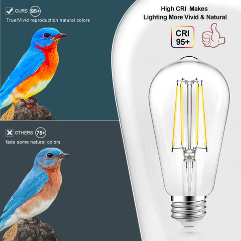 Comparison of Dimmable Vintage LED Edison Bulbs 8W Equivalent To 100W ST64 Antique Filament Bulbs With 95 CRI Warm White 2700K against lower CRI bulb showing color accuracy with bird image.