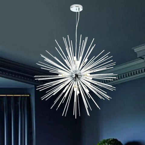 Sputnik Style 12-Light Chandelier In Polished Chrome Firework Design Pendant Lighting in dimly lit room