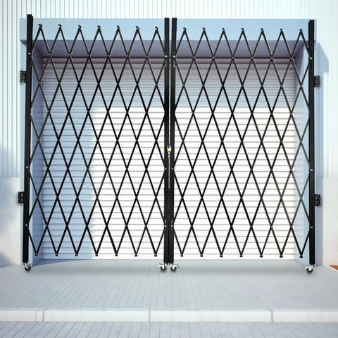 Heavy Duty Double Folding Security Gate Built Like A Tank For Garage And Warehouse With Rock Solid Expandable Metal Scissor Design and lockable rolling casters.