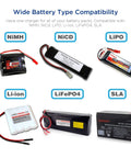 Various battery types compatible with Must Have All In One Digital Battery Charger And Balancer For 1S To 6S LiPo LiFePO4 NiMH NiCd Packs