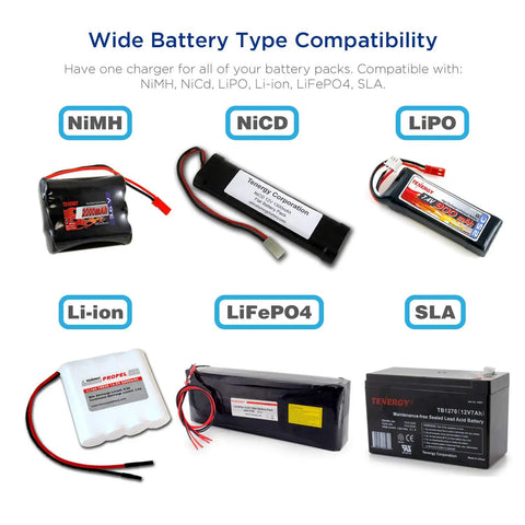 Various battery types compatible with Must Have All In One Digital Battery Charger And Balancer For 1S To 6S LiPo LiFePO4 NiMH NiCd Packs