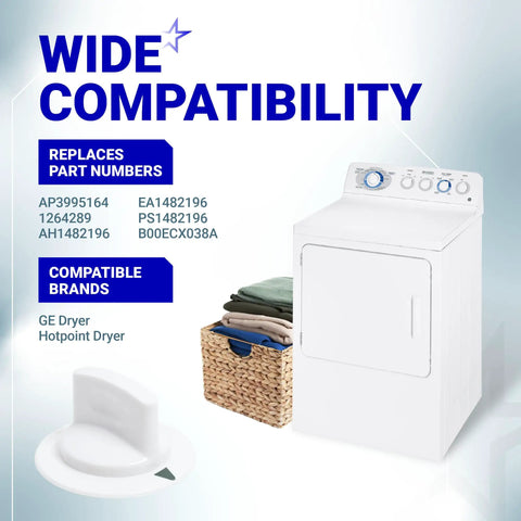 Dryer Timer Control Knob With Beefed Up Metal Ring For Hotpoint And GE Dryers D Shaped Shaft Compatible Easy Install Replacement Fits HTDX100EM8WW HTDX100ED6WW HTDX100EM6WW HTDX100GM8WW HTDX100ED2WW displayed beside a white dryer with a laundry basket