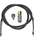 Heavy Duty High Pressure Air Hose With 9000 PSI Rating And Stainless Steel Braid For Compressor Pump shown with quick couplers and fittings.