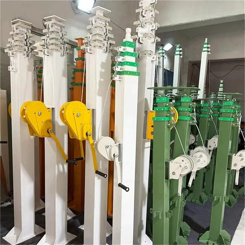 Four To Seven Meter Heavy Duty Telescopic Lighting Mast That Crushes Heights For Video Shoots And Beacon Jobs Featuring Dead Simple Hydraulic Raises And A Bulletproof Universal Flange Mount Base, showing various masts with pulleys.