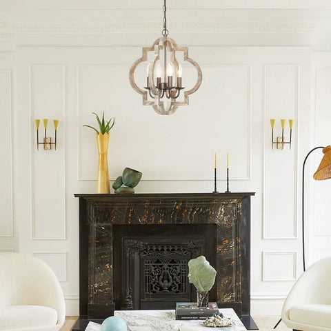 4 Light Farmhouse Chandelier With Handmade Wood Frame And Rustic Bronze Arms, Ceiling Light Fixture For Living Room