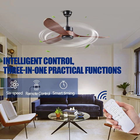 52 Inch Outdoor Ceiling Fan Without Light With 3 Solid Wood Blades, Remote Control, Walnut Wood Finish in living room