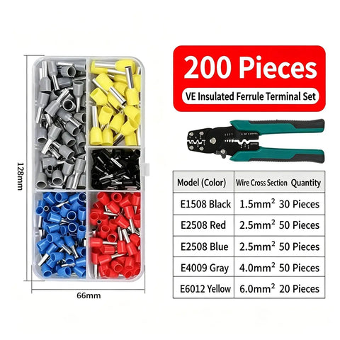 Top Tier Wire Terminal Ferrules Kit Boasting 200 Pieces Of Insulated Copper Connectors Plus Crimper Tool And Organized Case Perfect For Heavy Duty Electrical Wiring Jobs That Need Precision And Style, 128mm case