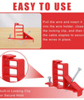 Get These 200 Pack Multi Cable Staples With Steel Nails To Secure Your Electrical Wire Stackers Fast Without Drilling And Lock Clips Keep Cables From Slipping So Your Setup Looks Clean And Super Stable, showcasing a red plastic wire holder with built-in locking clip.