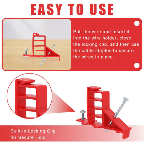 Get These 200 Pack Multi Cable Staples With Steel Nails To Secure Your Electrical Wire Stackers Fast Without Drilling And Lock Clips Keep Cables From Slipping So Your Setup Looks Clean And Super Stable, showcasing a red plastic wire holder with built-in locking clip.
