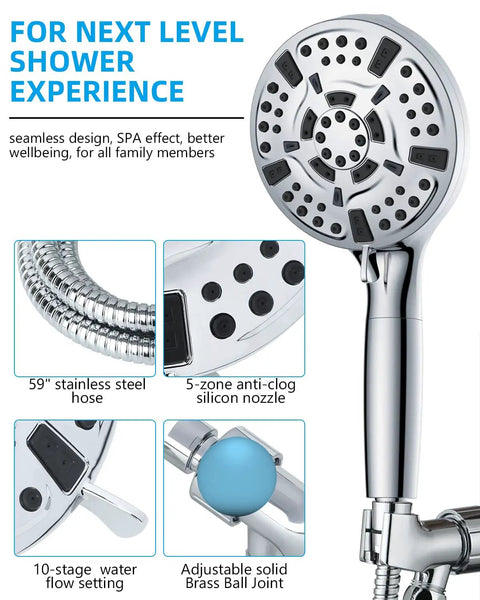 Handheld Shower Head With 10 Spray Modes And High Pressure Flow, 59 Inch Stainless Steel Hose, Adjustable Bracket, Chlorine And Impurity Filter For Purified Water, Easy Replace Filter Elements, Silvery Finish displayed with features like silicone nozzle and brass ball joint.