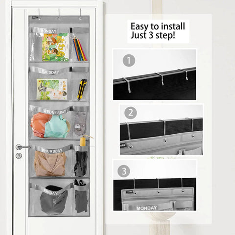 Weekly Kids Closet Organizer Hanging Wardrobe Organizer Monday Through Friday With Clear PVC Pockets Five Large Compartments Grey