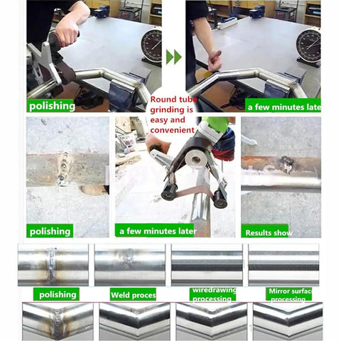 Heavy Duty Electric Belt Sander And Tube Polisher For Knuckle Busting Metal Finishing and Quick Surface Prep Tailored For Round Pipes Under 180 Mm shown in use on cylindrical metal grinding and polishing.