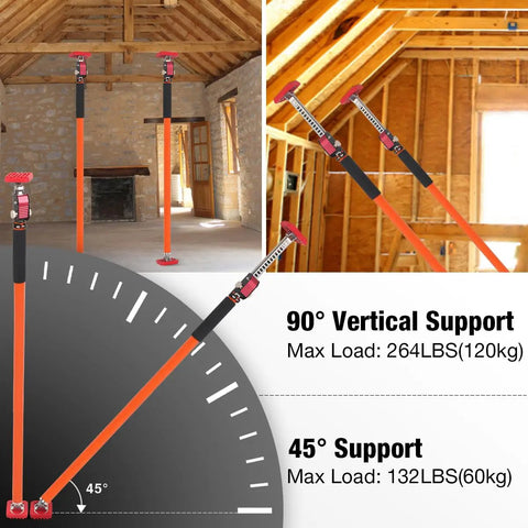 Third Hand Adjustable Support System Cargo Bar for Truck Bed and Drywall Extends 35 to 63 Inches Beefy Heavy-Duty 264 lb Capacity 2-Pack DIY Friendly Cabinet Jack Drywall Jack and More shown as vertical and angled supports in workshop.