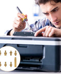 Man using soldering iron adapter and brass inserts for 3D printer parts; 7 Heat Set Insert Tips And 1 Soldering Iron Adapter shown.