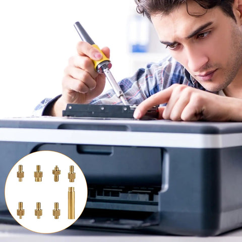 Man using soldering iron adapter and brass inserts for 3D printer parts; 7 Heat Set Insert Tips And 1 Soldering Iron Adapter shown.