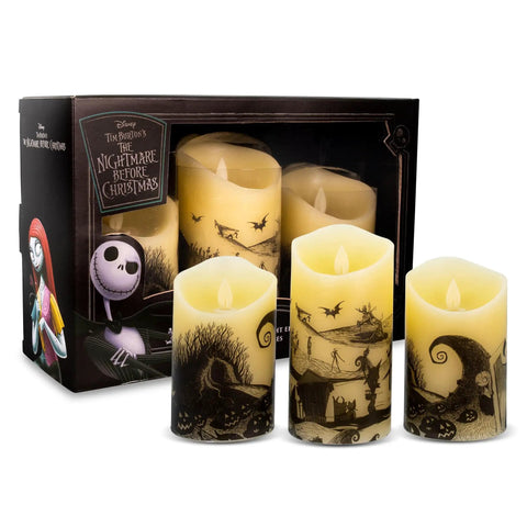 Nightmare Before Christmas LED Flickering Flameless Candles Set Of 3 With Auto Timers For Totally Spooky Halloween Decor displayed