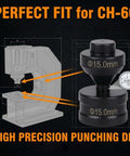 High precision 15mm punching die set for CH-60 machines, black cylinders with marked diameter, suitable for industrial use.