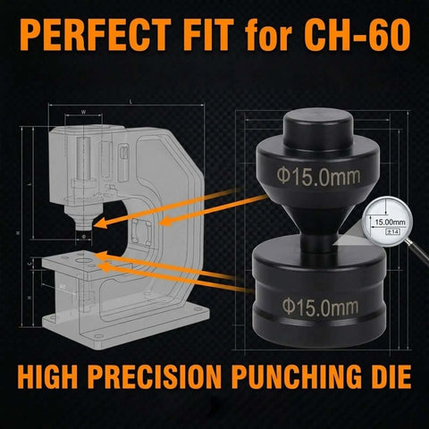 High precision 15mm punching die set for CH-60 machines, black cylinders with marked diameter, suitable for industrial use.
