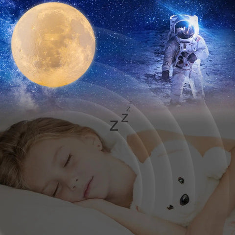 Child sleeping peacefully with dream of astronaut and moon, Dope Moon Lamp Night Light With Time Settings And Stand 3D Printed LED Moon
