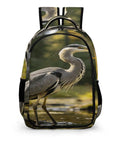 Forest Pond Grey Heron Print Unisex Backpack With Large Capacity For Daily Commute And School, front view of heron design