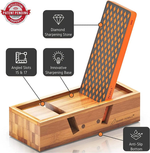 Diamond Knife Sharpener Set With Grits 400 And 1200 Built In Angle Guides Monocrystalline Diamond Stones showing wooden base and sharpening stone.