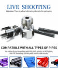 2-In-1 Internal And External Pipe Threader For Home Plumbing With One Half Inch And Three Quarter Inch Dies PVC Pipe Thread Cutter For Electric Drill DIY Repairs And Quick No Fuss Home Plumbing Projects displayed with threading dies and pipes.