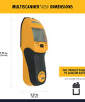 Side view of MultiScanner A250 Stud Finder Wall Scanner showing dimensions and battery requirement note.