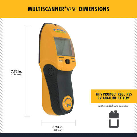Side view of MultiScanner A250 Stud Finder Wall Scanner showing dimensions and battery requirement note.