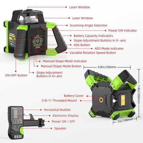 Heavy Duty Electronic Self Leveling Rotary Red Laser Level Kit detailed view with buttons and indicators for accurate alignment.