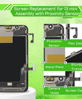 iPhone 13 Mini 5.4 Inch LCD Screen Replacement Kit with digitizer, front speaker, proximity sensor, flex cable, and camera holes.