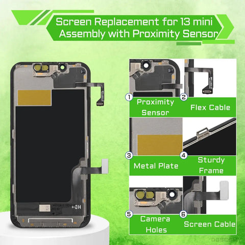 iPhone 13 Mini 5.4 Inch LCD Screen Replacement Kit with digitizer, front speaker, proximity sensor, flex cable, and camera holes.