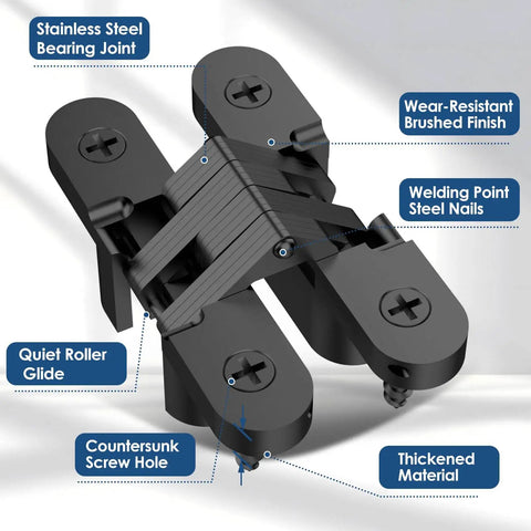 Heavy Duty Invisible Door Hinges 180 Degree Swivel Black Four Pack Solid Zinc Alloy Cabinet Hardware with detailed features shown.